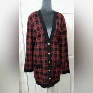 VTG FGC Red and Black Plaid Men’s Cardigan with Gold Buttons. Long Length